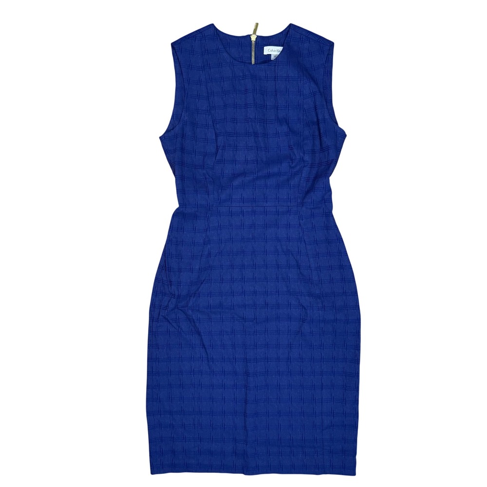 Calvin Klein Womens Blue Textured Grid Sleeveless Sheath Dress Gold Zip Size 4